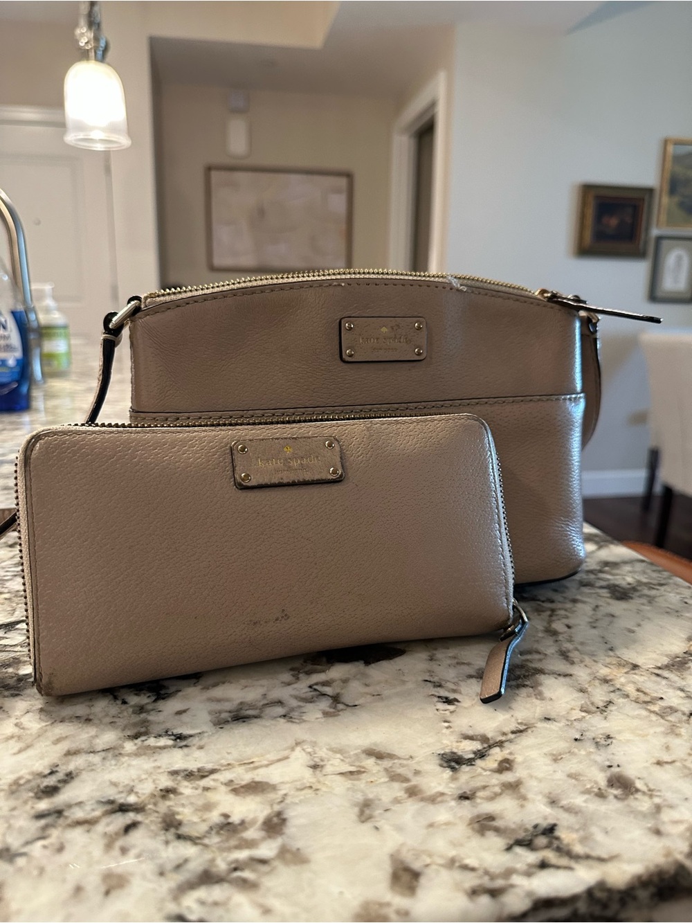 kate spade taupe pebble leather crossbody with matching zip wallet